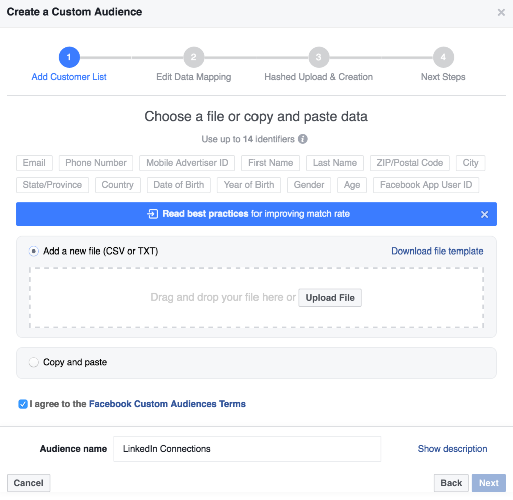 upload a .csv file of email addresses or copy and paste to add a custom audience in facebook