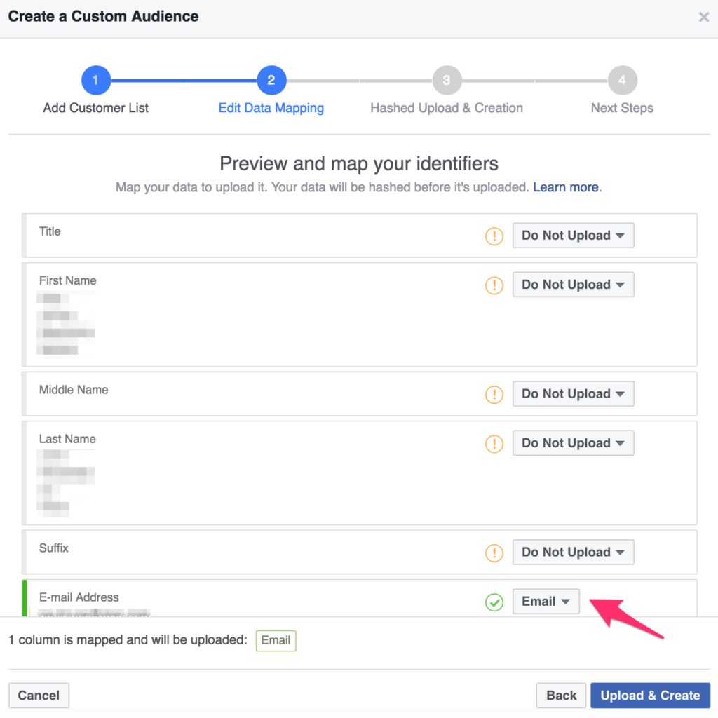 select the email field to match emails for your custom audience