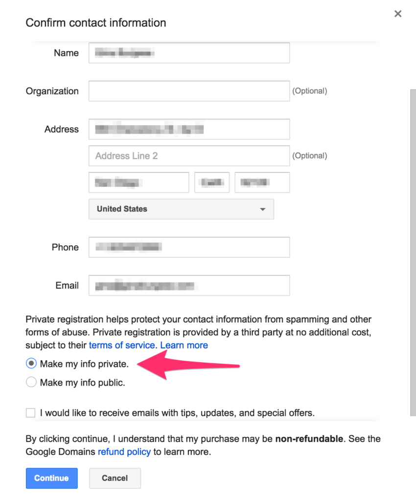google domains set contact info to private