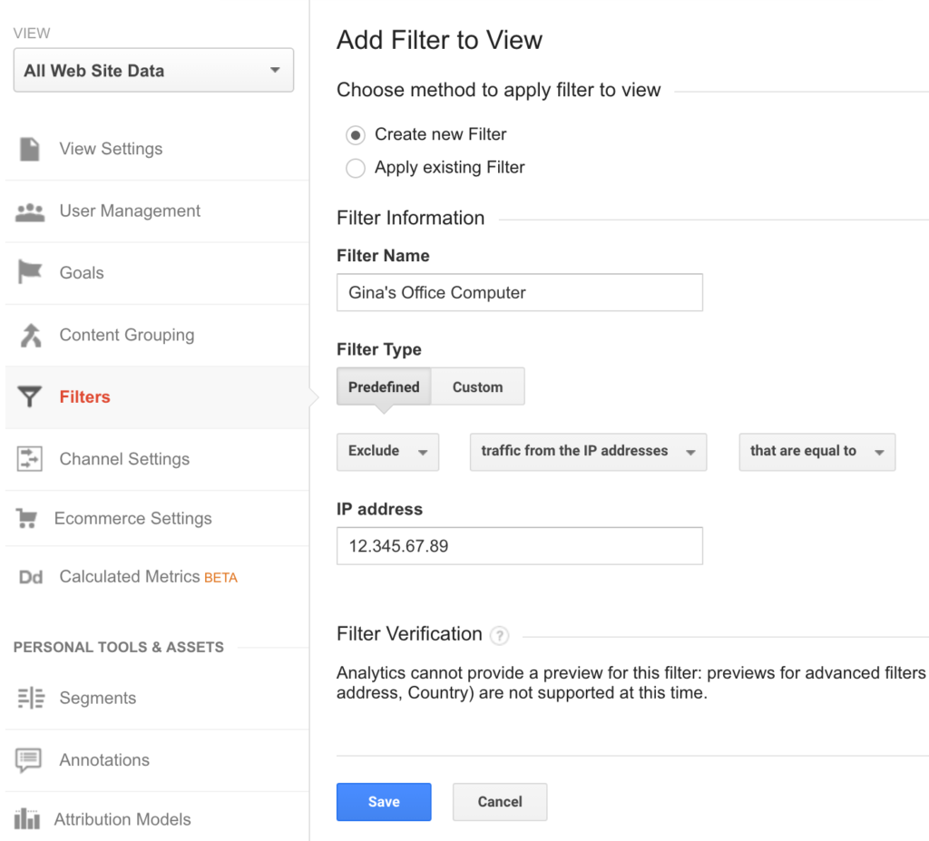 add filter to view in google analytics to exclude your ip